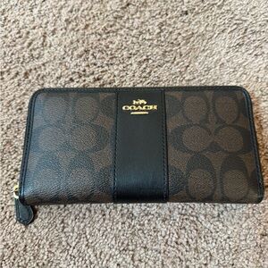 Coach Brown Monogram Zip Wallet with Black Leather Panel